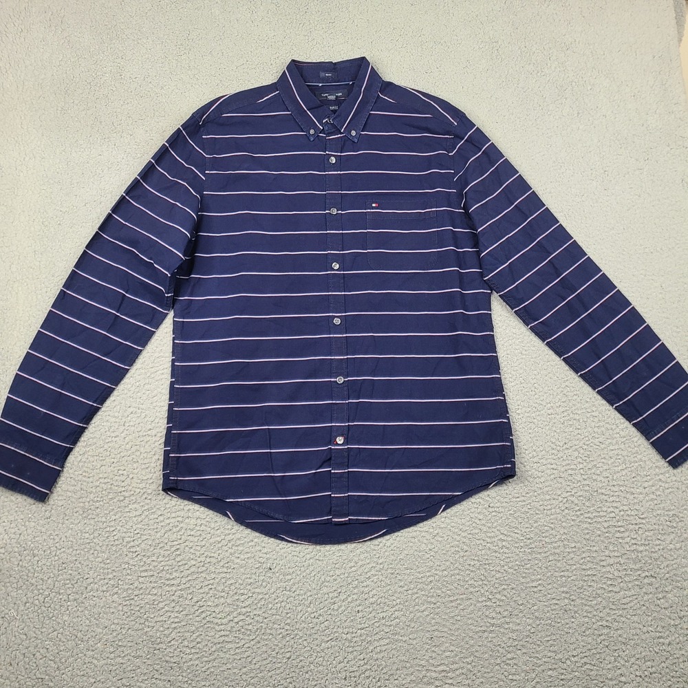 Tommy Hilfiger Shirt Mens Large Slim Fit Blue Indigo Striped Button Down